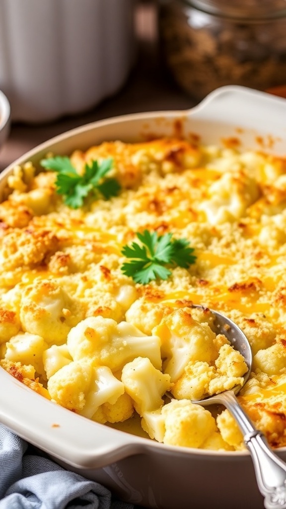 Cheesy cauliflower au gratin with breadcrumb topping, garnished with parsley, in a baking dish.